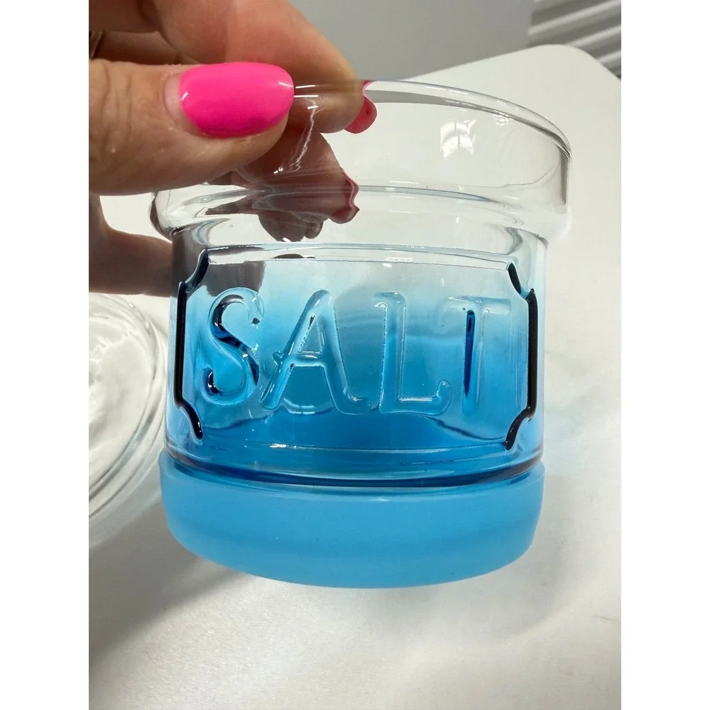 Blue Glass Salt Cellar Jar with Clear Lid and Silicone Base